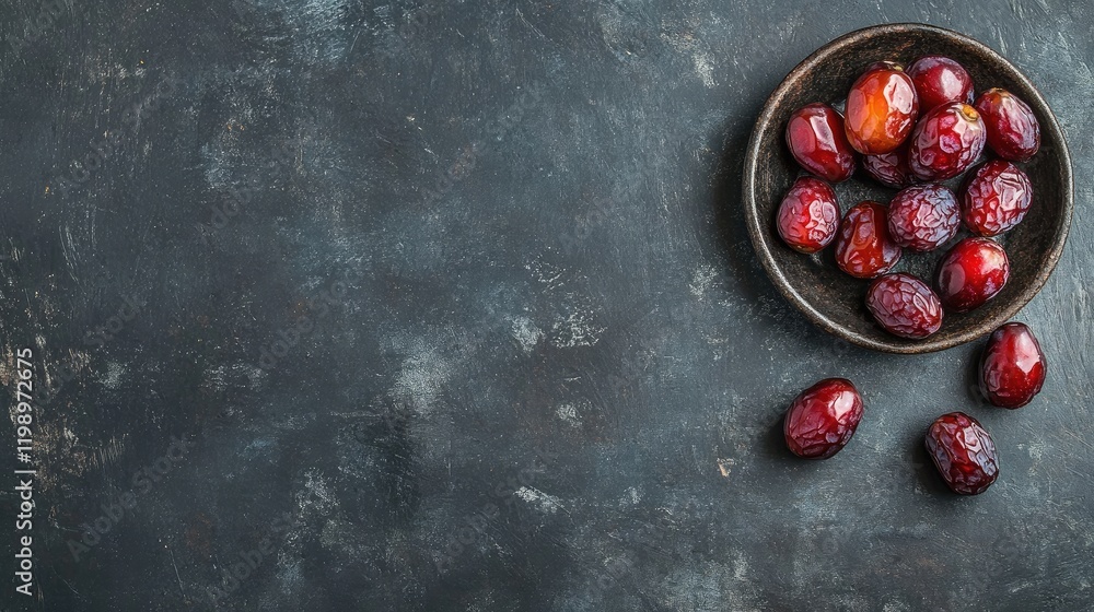 Poster freshly harvested organic dates in a rustic bowl on dark textured surface with copy space for text, 