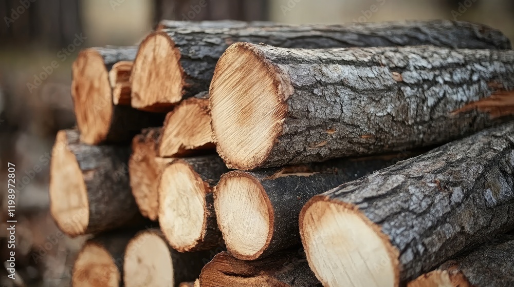 Poster freshly cut stacked logs in natural forest setting with warm brown tones and empty space for text in