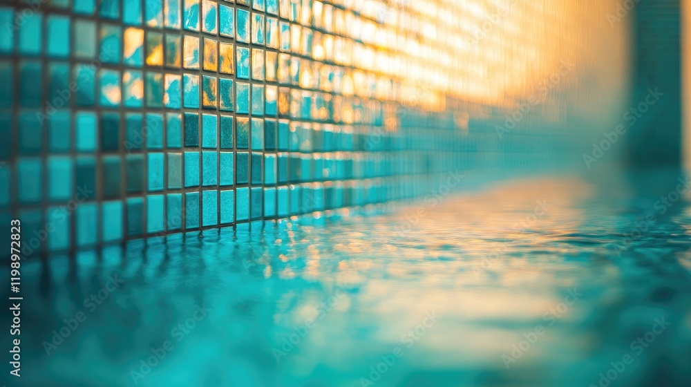 Poster Golden brown and teal pool tile close-up with shimmering water reflections and soft bokeh background ideal for text overlay and design elements