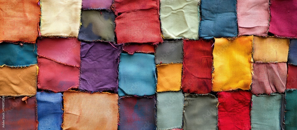 Poster multicolored patchwork mosaic of torn fabric squares arranged in a vibrant textile composition featu