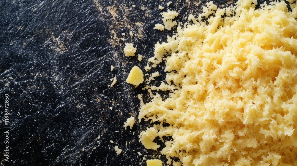 Aufkleber Grated ginger close up on dark stone background with empty copy space for text suitable for culinary and food recipes.