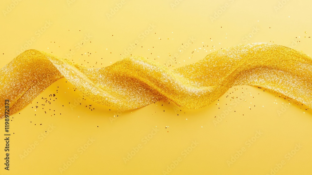 Aufkleber Golden Glitter Streamer Waving Across Vibrant Yellow Background with Empty Copy Space for Text and Subtle Sparkles in a Festive Atmosphere