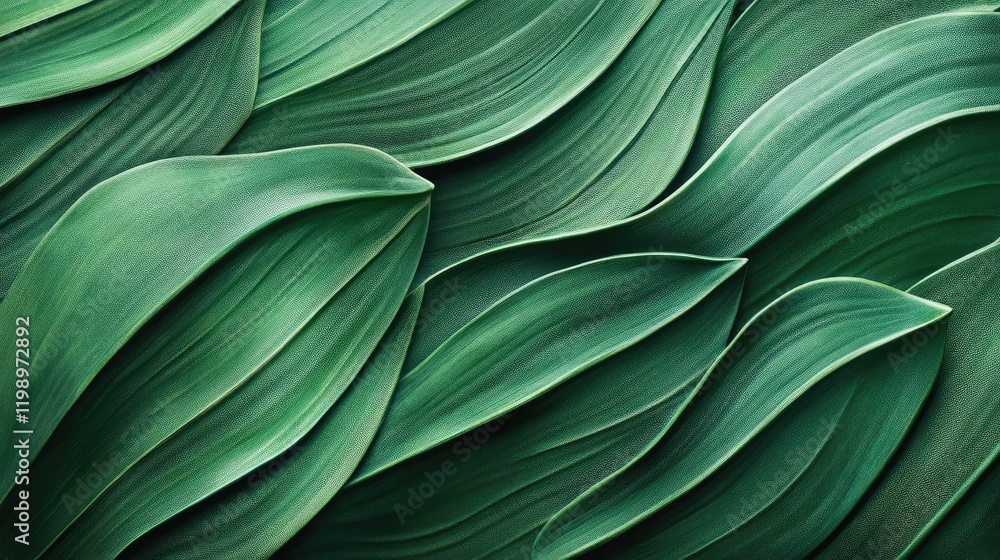 Aufkleber Close up of vibrant green tropical palm leaves with rich texture and shadows on a soft blurred background, featuring ample empty space for text.