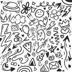 Abstract doodles, Hand drawn pointing arrow, outline shapes and doodle frames. Ink signs, line curved arrow, heart and circle sketch isolated vector illustration symbols set