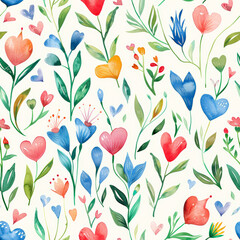Whimsical floral pattern with colorful hearts and leaves on light background