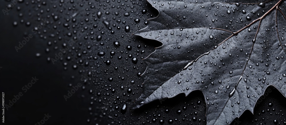 Poster close up of a dark maple leaf covered in water droplets on a textured black surface with ample negat