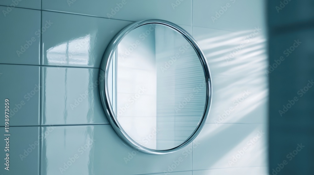 Poster circular reflective shower mirror in serene blue tiled bathroom with soft light reflections creating