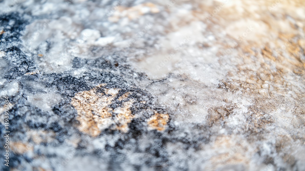 Poster Granite stone countertop close-up with marble-like gray and beige surface, selective focus, textured background with ample empty space for text.