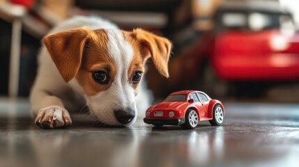 Close up of a brown and white puppy interacting with a red toy car on a shiny garage floor with blurred background and empty space for text