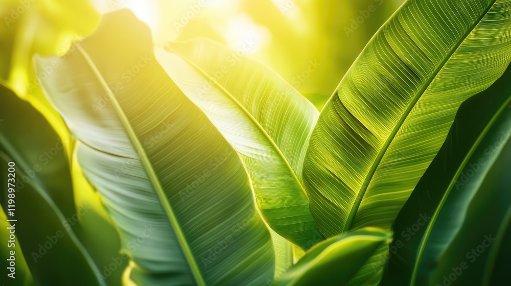 Aufkleber close up of vibrant green tropical leaves illuminated by warm sunlight with soft bokeh background id