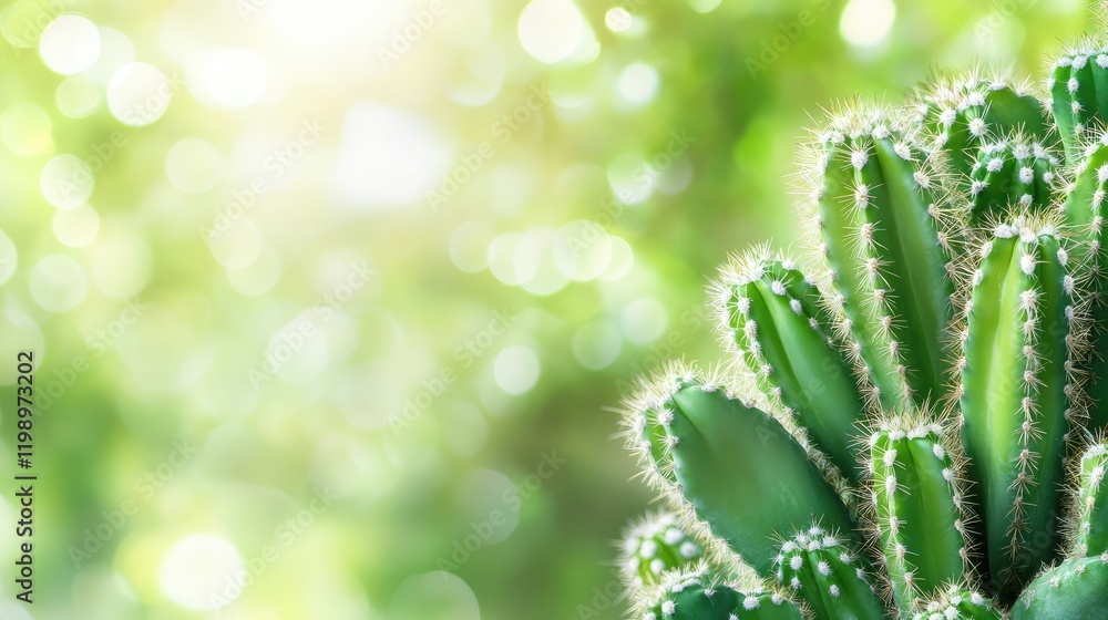Poster Close-up of vibrant green cactus with sharp spines on the right side, blurred light green background, and ample empty space for text.