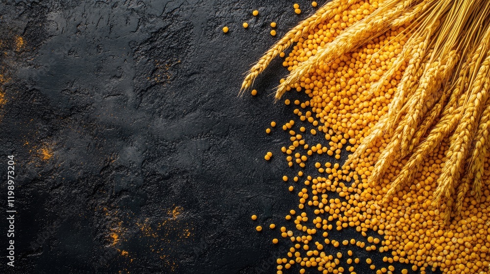 Poster Top View of Golden Millet Seeds and Wheat Stalks on Dark Textured Surface with Empty Copy Space for Text in Warm Tones