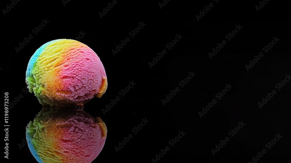 Poster Vibrant multi-colored ice cream scoop reflecting on glossy black background with ample empty space for text and design elements