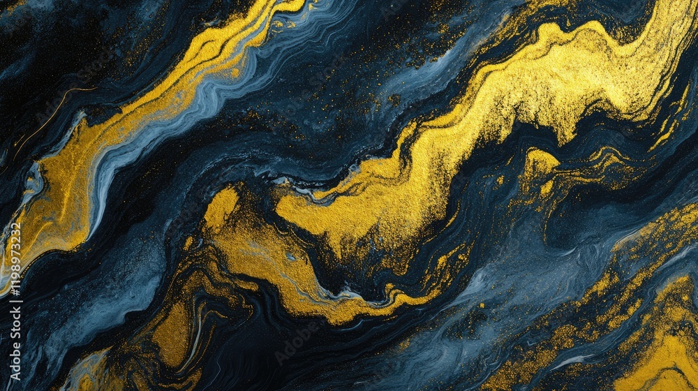 Poster luminous gold metallic paint texture with deep navy blue and black swirls in an abstract artistic de