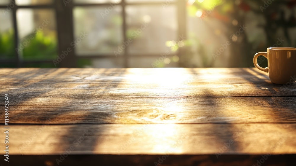Poster cozy close-up of a warm beige coffee cup on a rustic wooden table bathed in soft sunlight with bokeh
