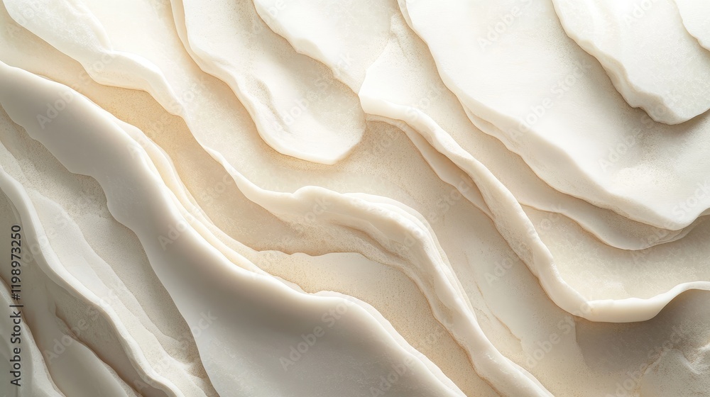 Poster close up of elegant beige and white geological layers of polished calcium carbonate with smooth text