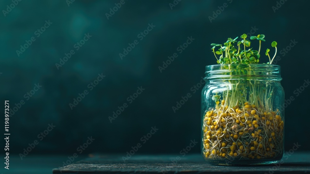Poster close up of vibrant yellow and green sprouts in a clear jar on dark wooden surface with rich green b