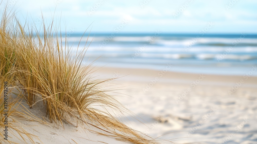 Aufkleber Close up of dry golden grass against a soft sandy beach backdrop with a blurred ocean horizon and ample empty space for text.