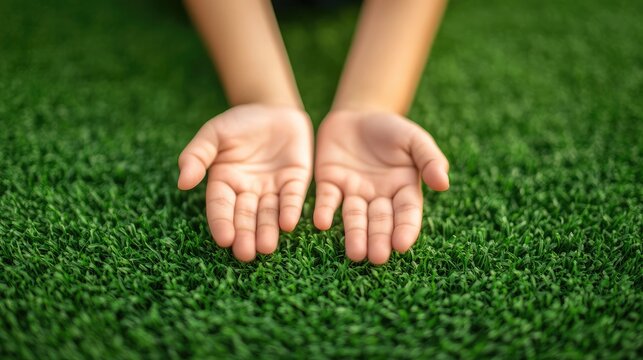 Close-Up of a Child's Outstretched Hands on Lush Green Soccer Field with Copy Space for Text and Background in Soft Focus
