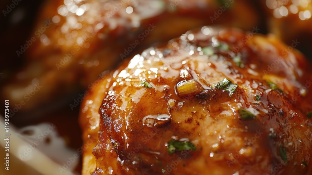 Poster marinated chicken thigh close up in glazy brown sauce on a rustic wooden table with copy space for t