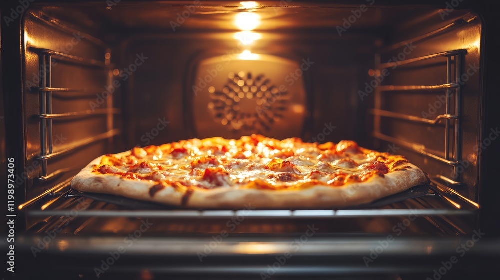 Poster close up view of a freshly baked golden pizza with melted cheese in a warm oven environment featurin
