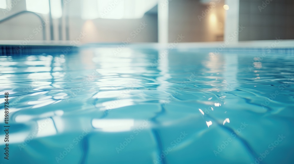 Poster serene close up of a sparkling clear blue swimming pool water surface reflecting soft light with spa