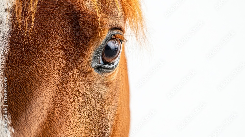 Poster close up studio portrait of a brown horse with detailed eye and soft focus background highlighting w