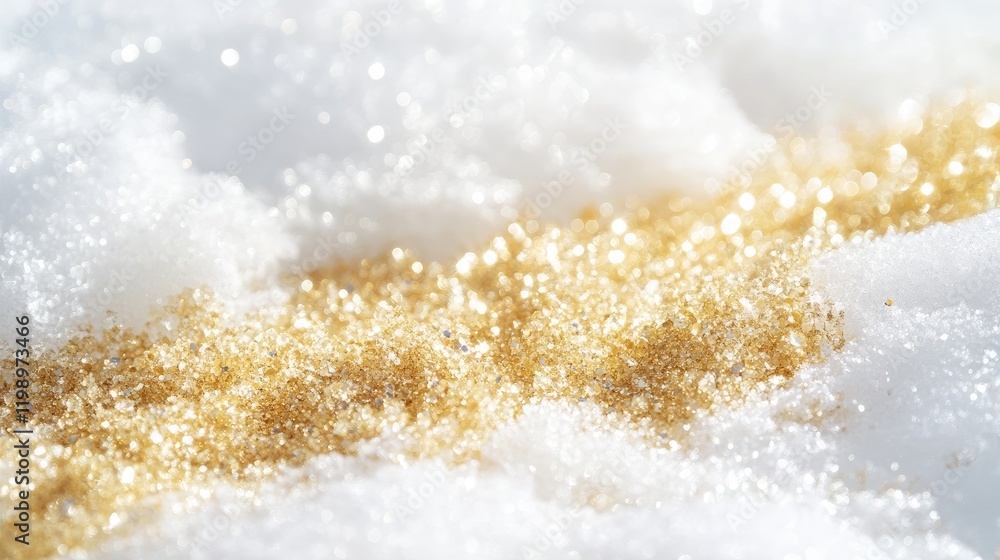 Poster glistening golden snow on a white background in a serene winter landscape with empty space for text 