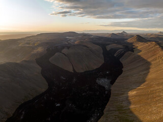 Aerial shot of Merardalir lava field in Iceland