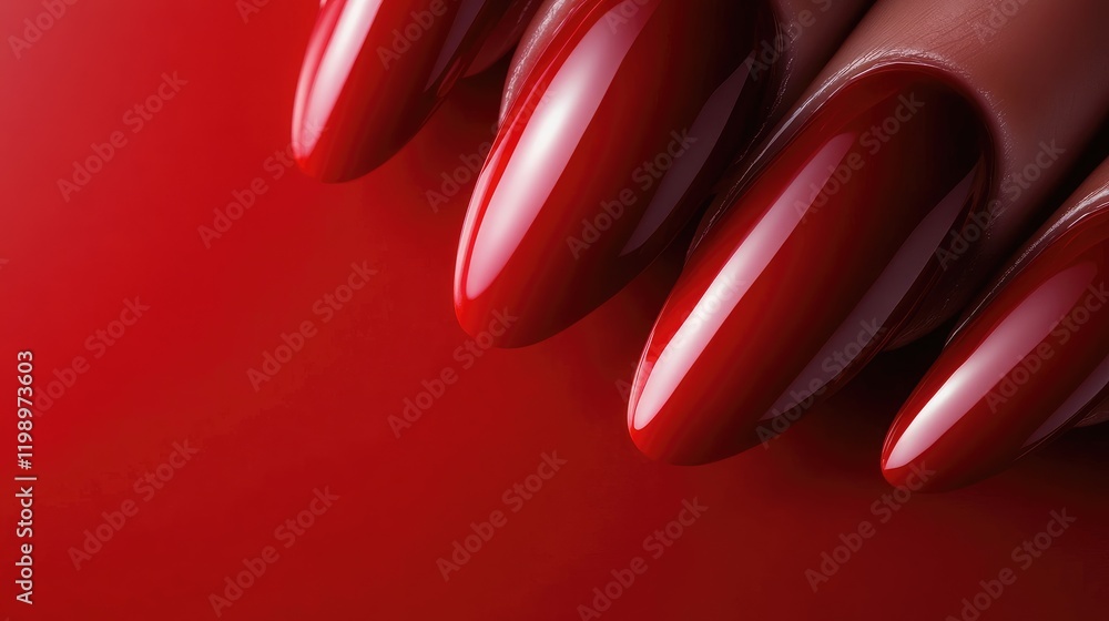Poster glossy red nail polish showcased in close-up on a smooth gradient red background with ample space fo
