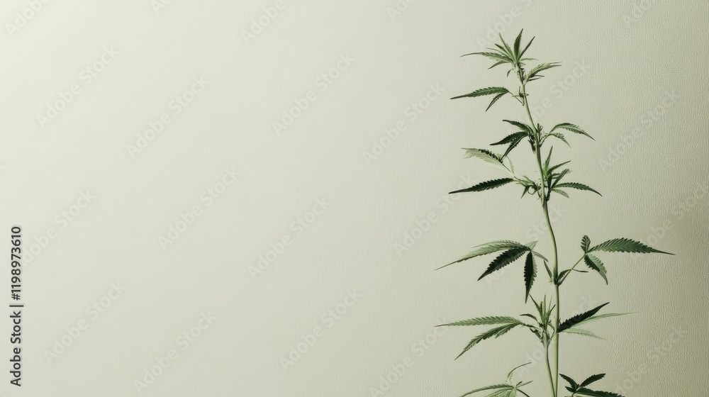 Poster Vertical composition of a lush green cannabis plant against a soft beige backdrop with ample empty space for textual overlay in a medical context.