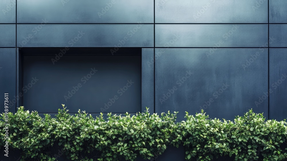 Poster serene close-up of dark gray wall with green foliage, featuring empty space for text and modern arch