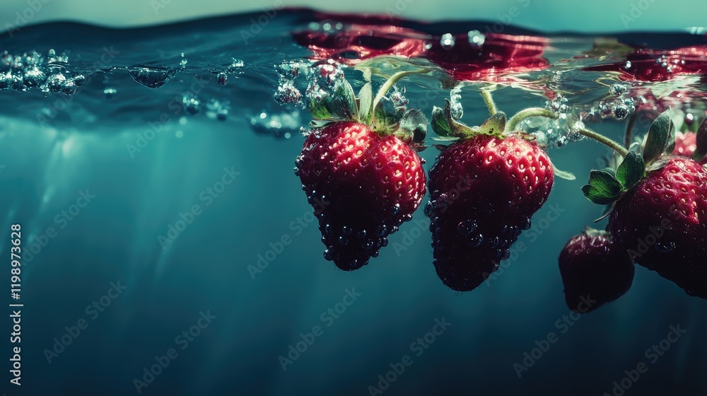 Poster freshly picked bright red strawberries submerged in clear water with bubbles against a soft blue bac