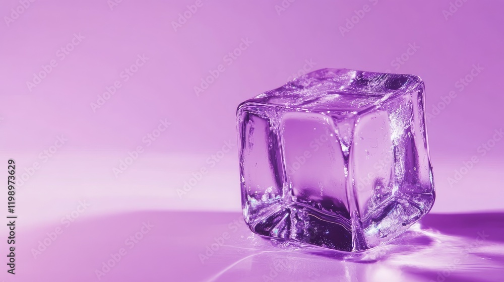 Poster clear ice cube on vibrant purple background with soft reflections and space for text ideal for creat