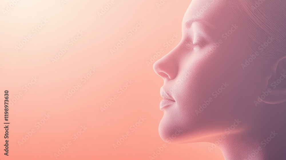 Poster Close-up profile view of a serene human head in soft pink and cream tones, contemplating with a blurred gradient background and empty copy space for text.