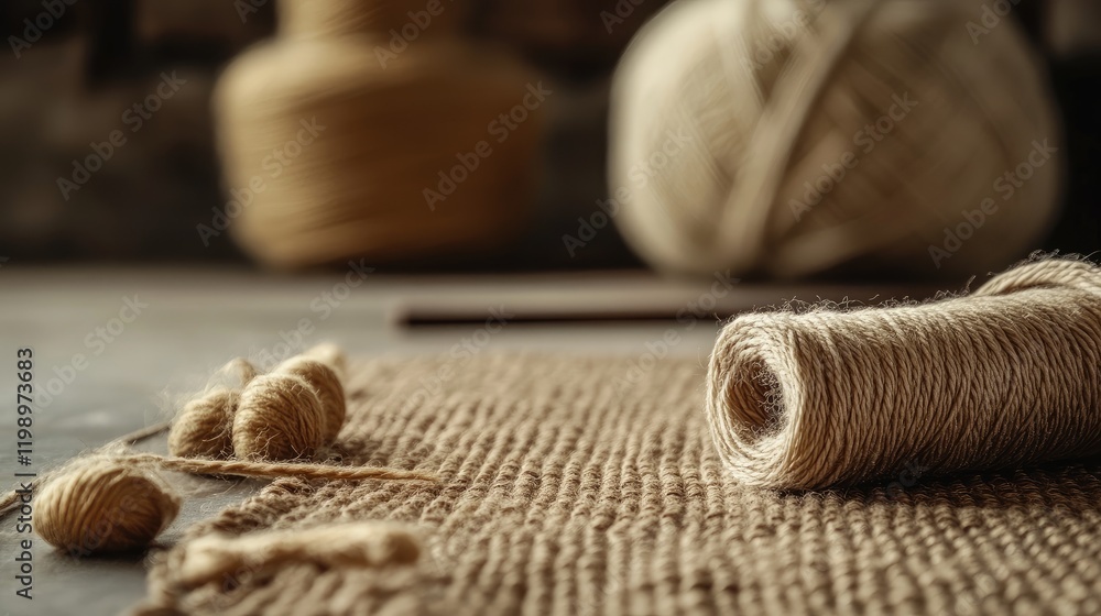 Poster close up shot of natural beige twine on textured woven surface with soft focus yarn and wooden tools