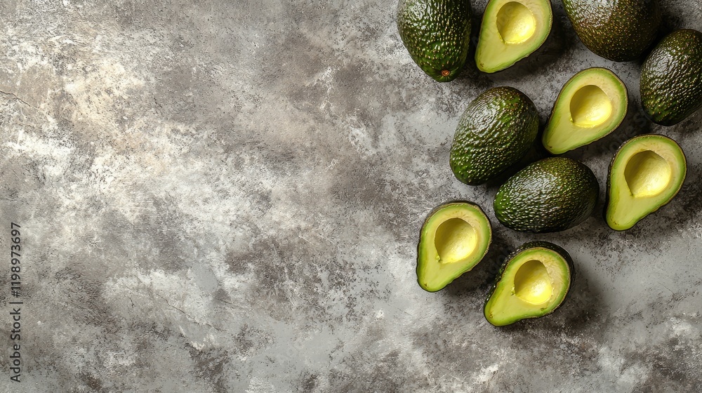 Poster ripe green avocados arranged on a textured gray countertop with empty space for textual overlay and 