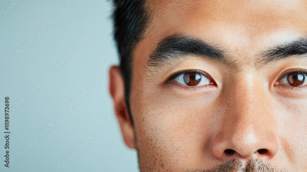 Poster close up portrait of a man with black hair and brown eyes against a light blue background featuring 