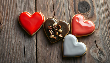 Fototapeta premium Three heart-shaped cookies on a rustic wooden background, Happy Valentine's Day, Valentine's Day Cookies, Valentine's Day concept, love, 14th February, affection, generative ai
