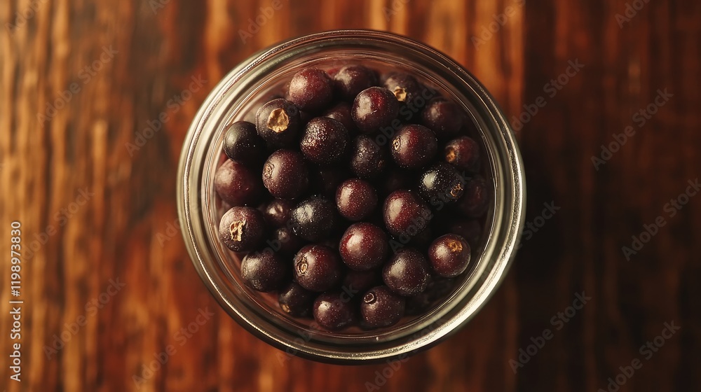 Poster golden brown roasted acai berries in a clear jar on a rustic wooden table with empty space for text,