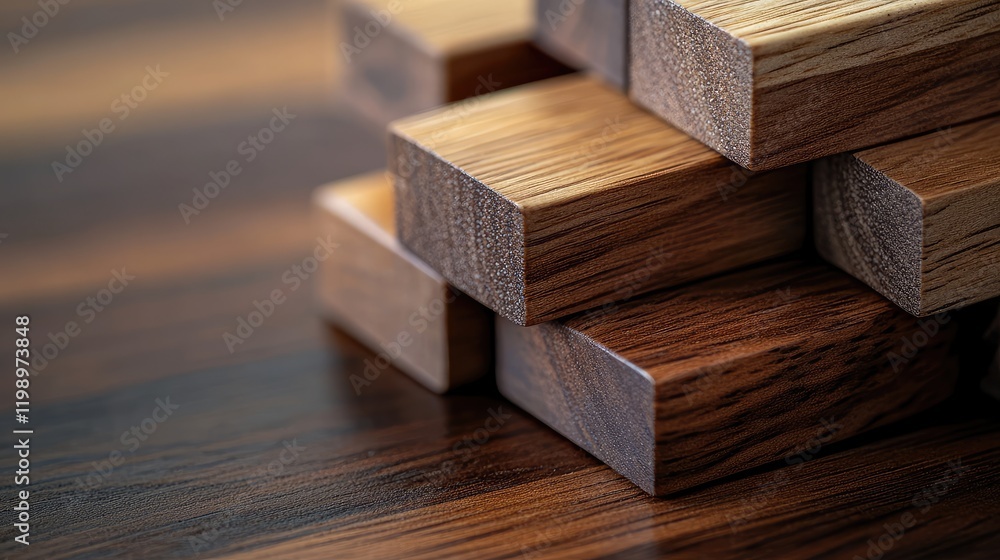 Aufkleber Close up view of assorted brown wooden blocks stacked on polished oak coffee table surface providing empty space for text with warm lighting.