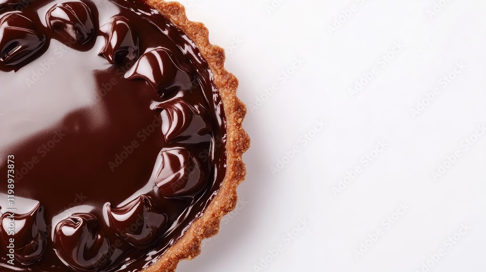 Poster elegant close-up of a rich chocolate ganache tart in a golden crust on a clean white background with