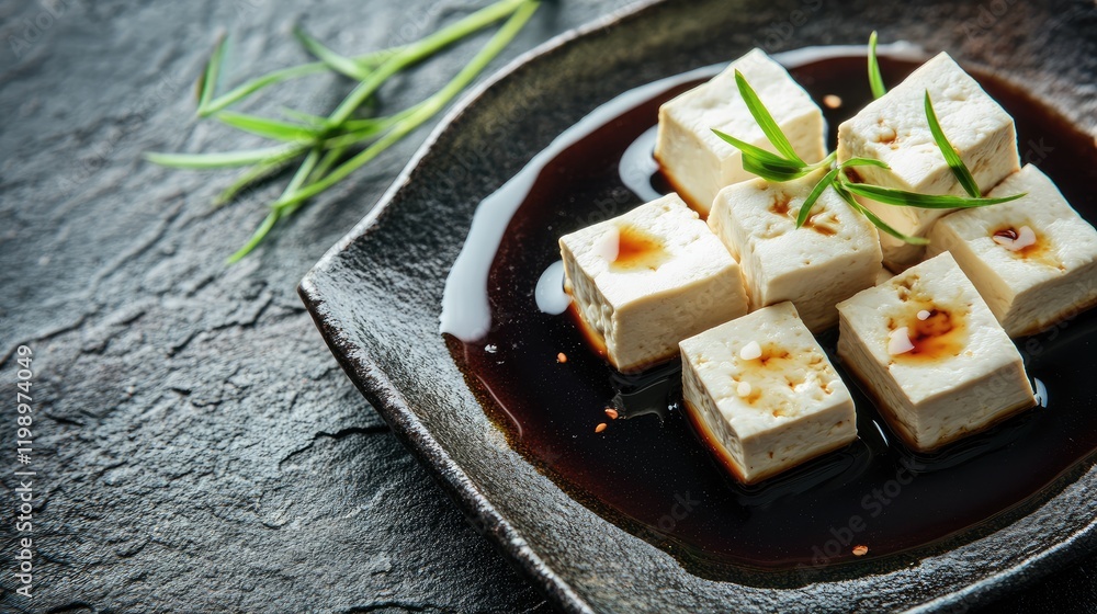 Aufkleber fresh tofu cubes drizzled with rich soy sauce garnished with green onion on rustic dark plate with t