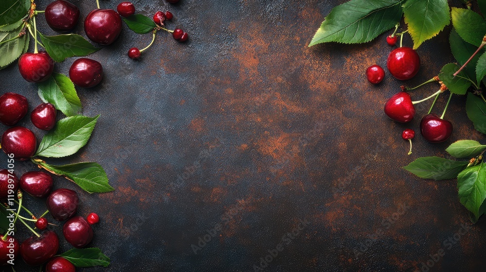 Aufkleber Close up of vibrant red cherries surrounded by lush green leaves on a dark textured background with ample empty space for text.