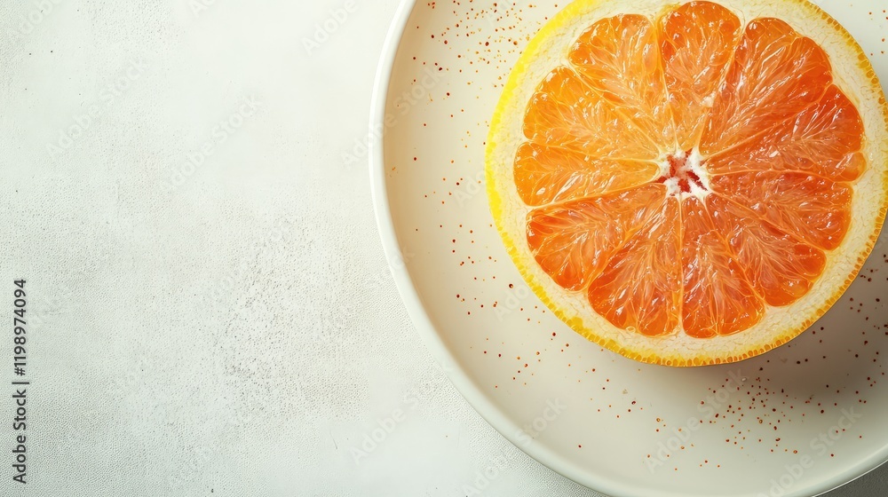 Poster Close-up of bright orange grapefruit half on a white plate against a light textured background with ample copy space for text.