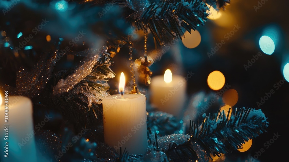Poster close up of a christmas tree with flickering candles and shiny tinsel against a softly illuminated b