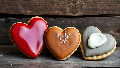 Obraz premium Three heart-shaped cookies on a rustic wooden background, Happy Valentine's Day, Valentine's Day Cookies, Valentine's Day concept, love, 14th February, affection, generative ai