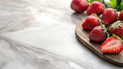 Fresh organic strawberries on a wooden board with vibrant red colors against a soft marble background, perfect for healthy food themes and copy space.