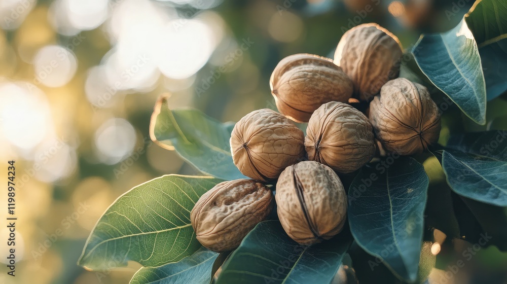 Poster close-up of fresh whole walnuts nestled among green leaves on branch with soft bokeh background and 