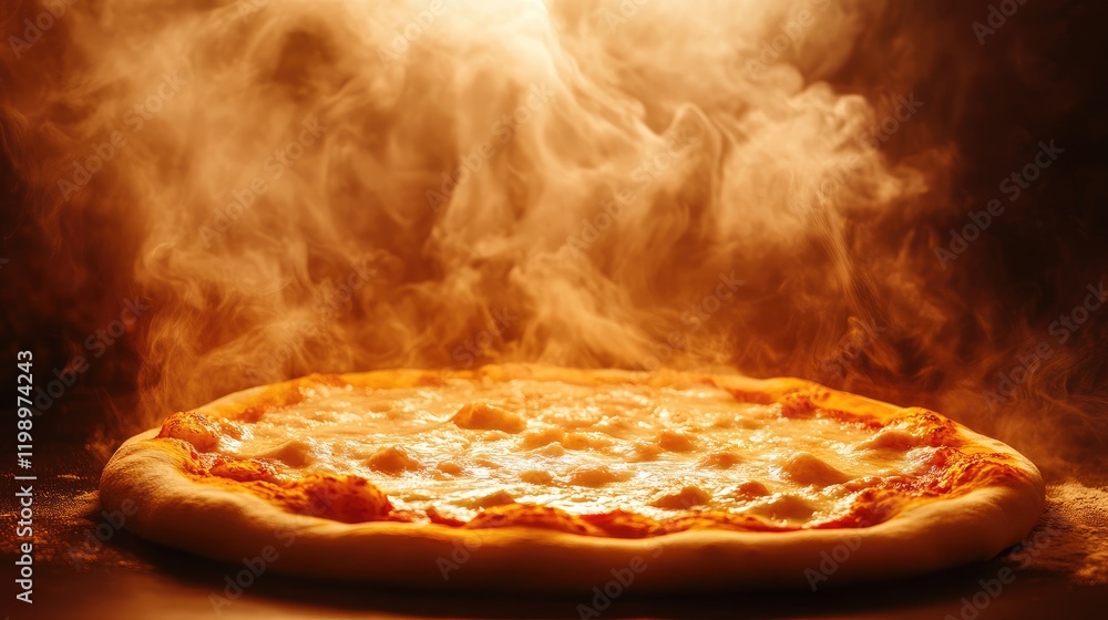 Poster freshly baked cheese pizza with steaming vapors in warm lighting on a dark table surface with empty 